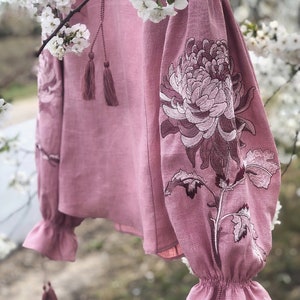 Pastel Pink Linen Ukrainian Vyshyvanka  Blouse Featuring Floral Embroidery, Boho Style Shirt| Made in Ukraine