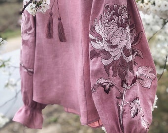 Light pink embroidered blouse Boho style luxury blouse embroidered in pastel colors chrysanthemum clothes for the bride
