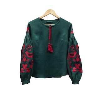 Green Women's Embroidered Blouse Shirt Boho Style Bohemian Style Ethnic Vyshyvanka Red Flowers Birds Embroidery