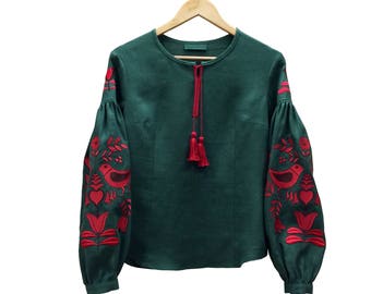 Green Women's Embroidered Blouse Shirt Boho Style Bohemian Style Ethnic Vyshyvanka Red Flowers Birds Embroidery