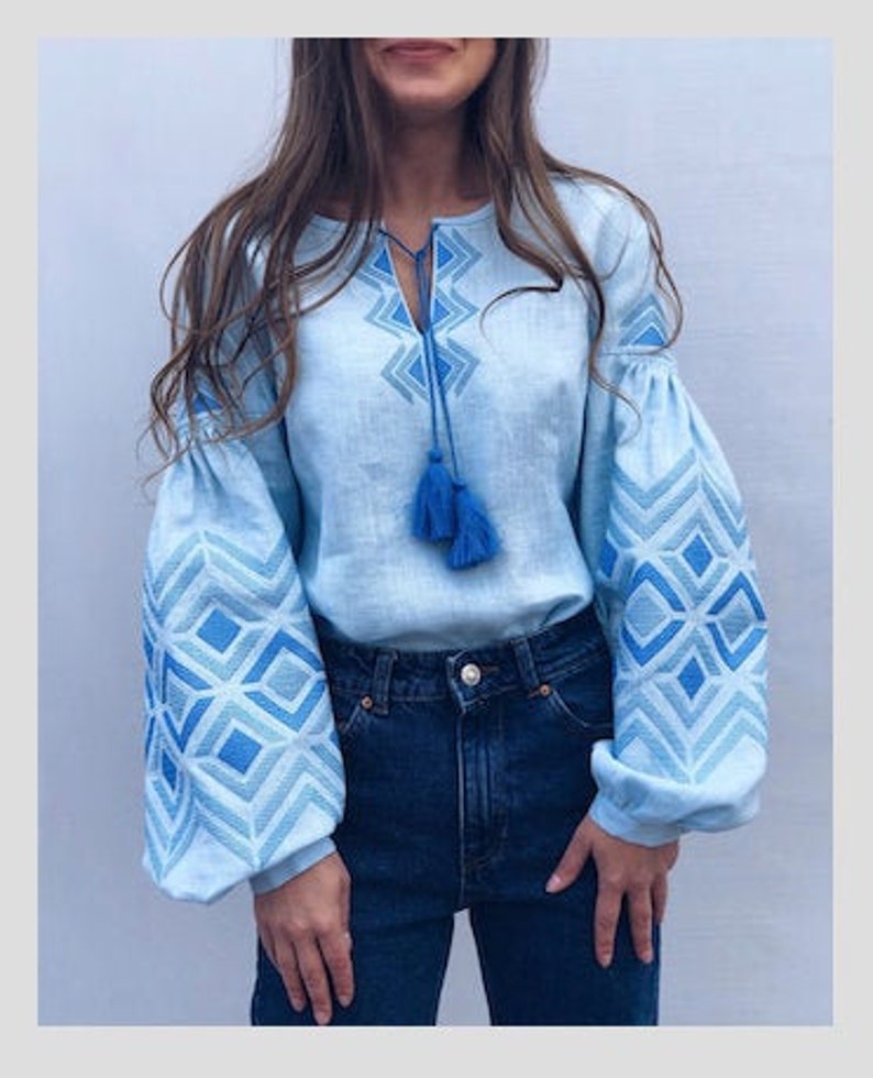 Blue Pastel Color Women/'s Embroidered Blouse Shirt Boho Style Bohemian Style Ethnic Vyshyvanka Blue Embroidery