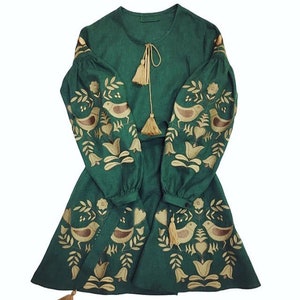 Embroidered Green Color Long Boho Dress Bohemian Style Ukrainian Vyshyvanka Dress Women Natural Linen Gold Embroidery