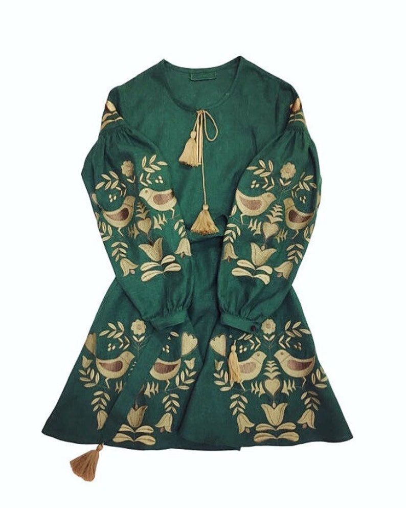 Embroidered Green Color Long Boho Dress Bohemian Style Ukrainian Vyshyvanka Dress Women Natural Linen Gold Embroidery image 1