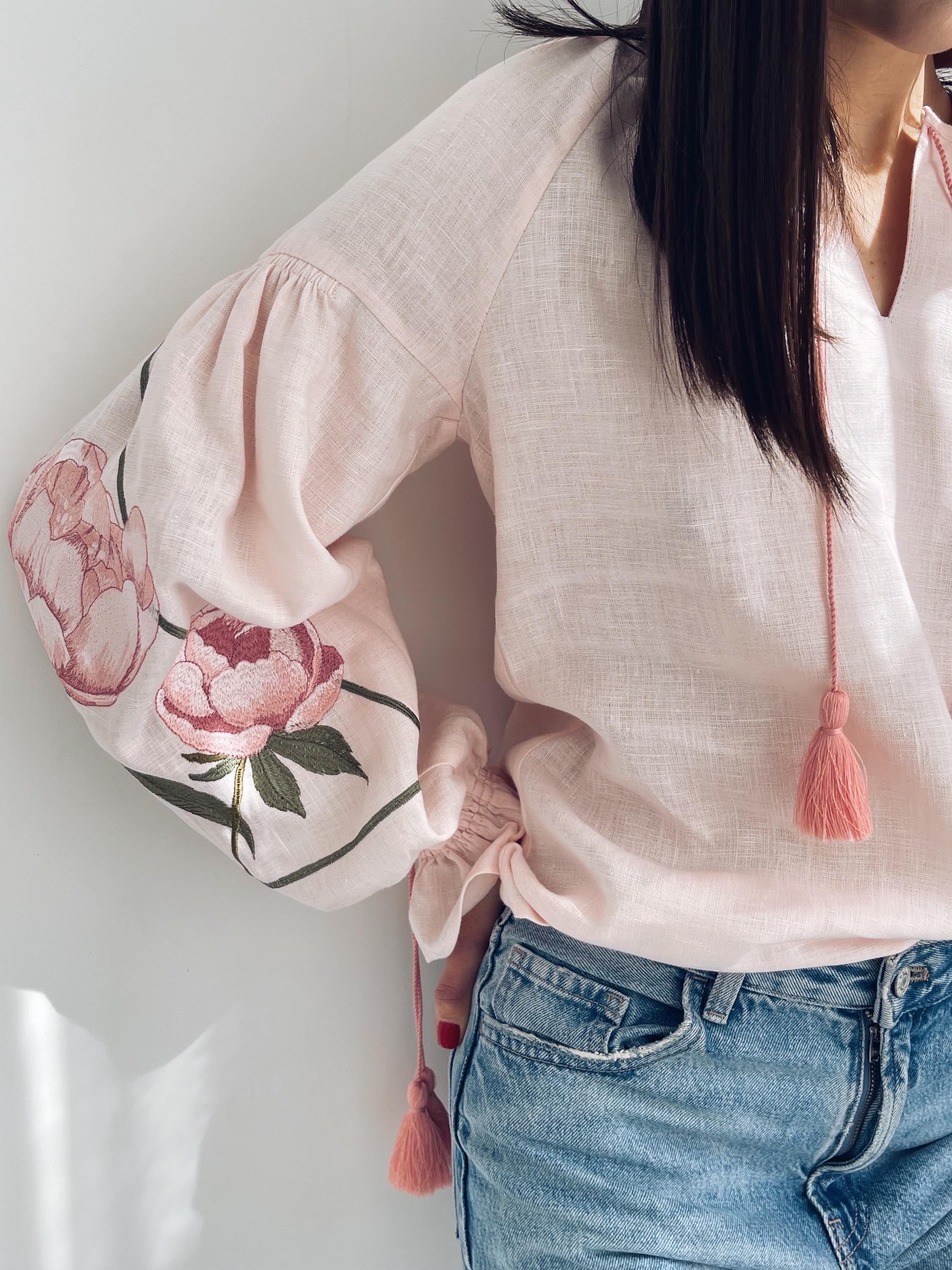 Pale pink Women’s Embroidered Boho Style Blouse/ Vyshyvanka /Tender Peonies Embroidery / pale pink shirt embroidery / pastel pink embroidery