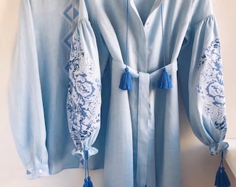 Embroidered Blue Dress Boho Bohemian Style Ukrainian Vyshyvanka Dress Women Ukrainian Gift For She Dress blue Colors Embroidery Roses