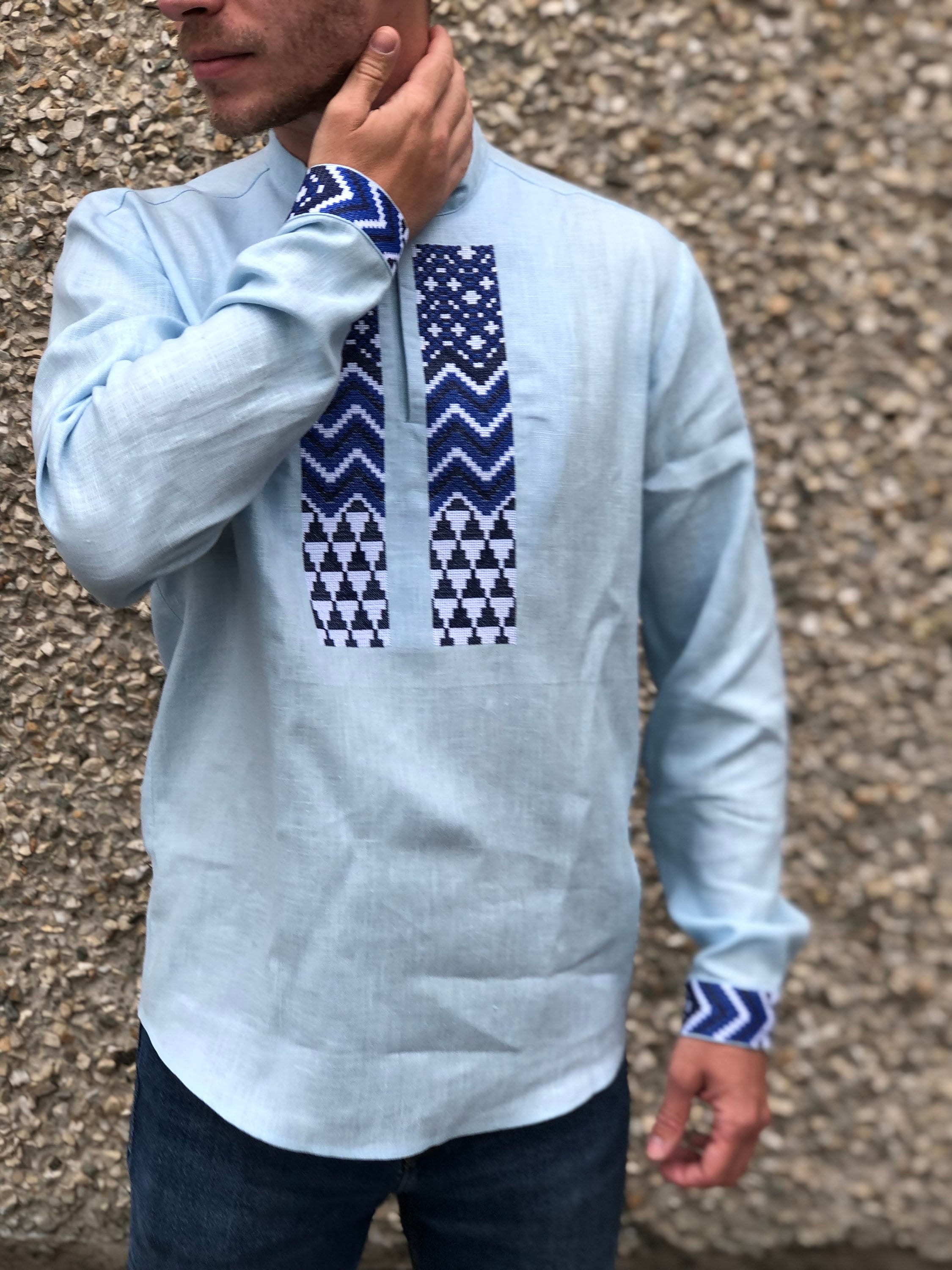 Blue Pastel Color Shirt For Men Embroidered Shirt Men's Etsy