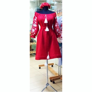 Embroidered Red Short Boho Dress Bohemian Style Ukrainian Vyshyvanka Dress Women Natural Linen White Embroidery