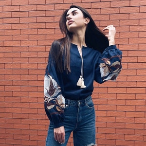 Dark Blue Embroidered Vyshyvanka Blouse - Handmade Slavic Cotton Folk Top