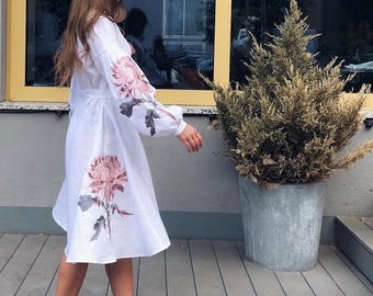 White Women’s Embroidered Boho Style Luxury Dress/ Vyshyvanka / Luxurious chrysanthemum/ Pastel Colors Embroidery