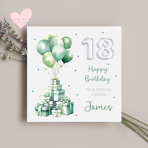 May include: A white card with green and white balloons, a stack of green and white gift boxes, and the text "18 Happy Birthday to a special cousin James".