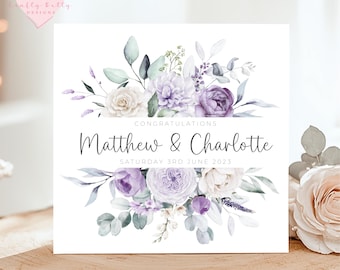 Tarjeta de boda personalizada, lila blanca botánica, tarjeta de aniversario, tarjeta de compromiso, tarjeta de boda sencilla, tarjeta de pareja feliz, día de la boda