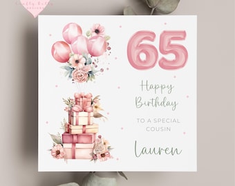 Tarjeta personalizada de 65 cumpleaños para ella: regalos y globos rosas para mamá, hermana, sobrina, amiga, prima, cualquier familiar o cumpleaños importante.