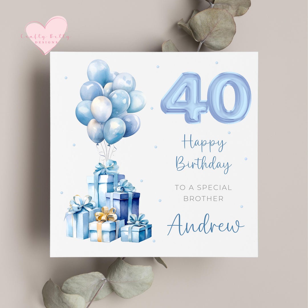 Personalised 40th Birthday Card for Him - Blue Gifts and Balloons