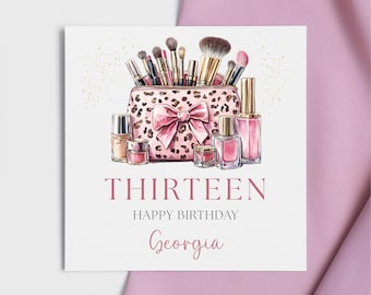 Personalised 13th Birthday Card for Her - Card for Daughter, Niece, Sister, Granddaughter - Pink Make-Up Beauty Card for Teenager, Happy 13