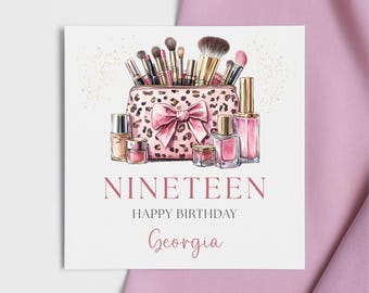 Personalised 19th Birthday Card for Her - Card for Daughter, Niece, Sister, Granddaughter - Pink Make-Up Beauty Card for Teenager, Happy 19