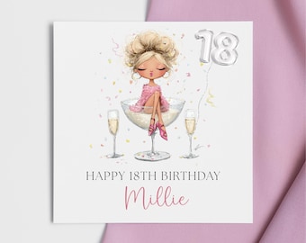 Personalised 18th Birthday Card – Pink Champagne Celebration