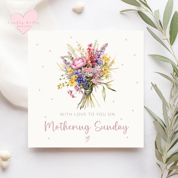 With Love On Mothering Sunday Card - Wildflower Pastel Flower Bouquet - Floral Keepsake For Someone Special On Mothering Sunday Thoughtful