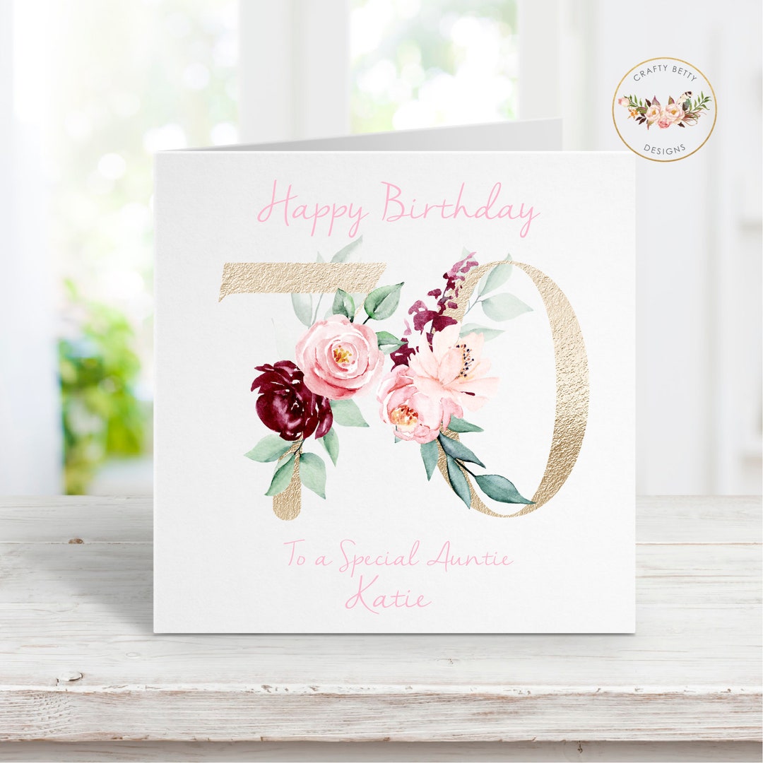 Gold Floral 70th Birthday Card, Personalised Gift for Her or Him, Pink ...