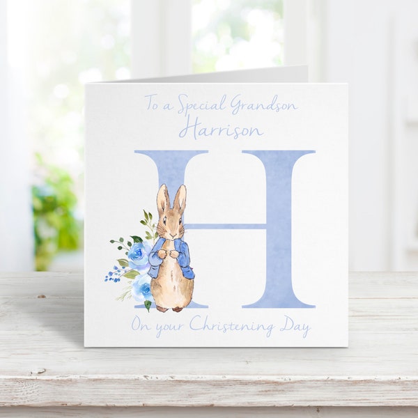 Personalised Christening Card, Grandson Son Nephew Godson Little Boy, Peter Rabbit Christening Baptism Card, Blue Christening Card