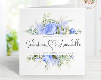 Personalised Wedding Card, Blue Floral Wreath, Anniversary Card, Engagement Card, Simple Wedding Card, Happy Couple Card, Wedding Day Card