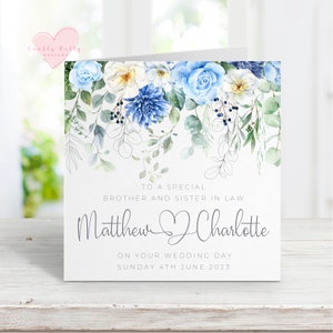 Personalised Brother and Sister in Law Wedding Card, Blue White Floral,  Brother and Wife Wedding, Brother's Wedding, Floral Wedding Car