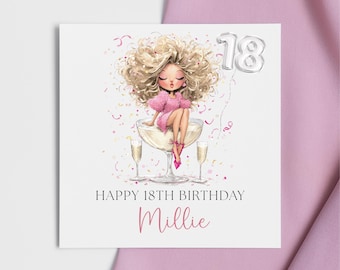 Personalised 18th Birthday Card – Pink Champagne Celebration