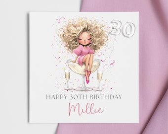Personalised 30th Birthday Card – Pink Champagne Celebration