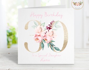 Gold Floral 30th Birthday Card, Personalised Gift For Her Or Him, Pink Peach Flower Card For Milestone Birthday Celebration, Congratulations