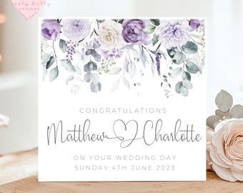 Tarjeta de boda personalizada, tarjeta de ramo floral lila y morado, tarjeta de aniversario, tarjeta de compromiso, tarjeta de boda sencilla, tarjeta de pareja feliz,