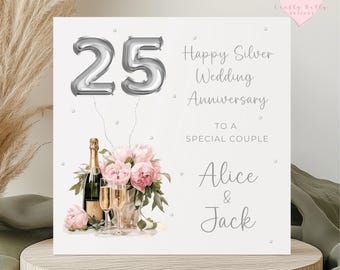 Tarjeta de 25.º aniversario de bodas - Celebración personalizada en plata - Tarjeta para padres, abuelos, hija, hijo, pareja y amigos especiales