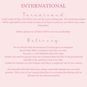 Puede incluir: Informaci&oacute;n de env&iacute;o internacional para tarjetas. Los pedidos realizados de lunes a viernes se enviar&aacute;n el siguiente d&iacute;a h&aacute;bil. Los pedidos realizados el viernes se enviar&aacute;n el lunes. Los pedidos se env&iacute;an por Royal Mail International Tracked post y tardan de 7 a 12 d&iacute;as h&aacute;biles. Un retraso en la aduana puede ocurrir y est&aacute; fuera del control del vendedor.