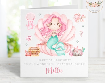 Personalised 8th Birthday Card For Daughter Niece Granddaughter Goddaughter Little Girl, Mermaid, Personalised Mermaid Card, Eighth Birthday