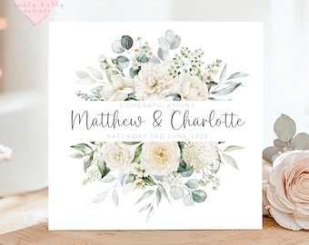 Personalised Wedding Card, White Roses Greenery, Anniversary Card, Engagement Card, Simple Wedding Card, Happy Couple Card, Wedding Day