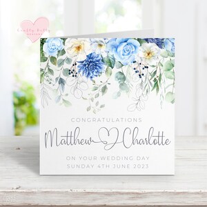 Personalised Wedding Card, Blue White Floral Bouquet Card, Anniversary Card, Engagement Card, Simple Wedding Card, Happy Couple Card,