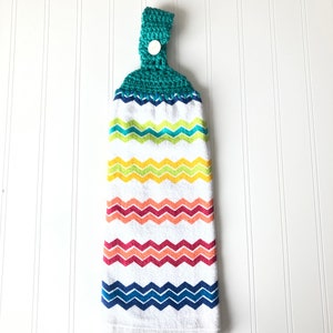 Hanging Kitchen Towel, Crocheted Top Kitchen Towel, Double Kitchen Towel, Button Closure, Summer Colors