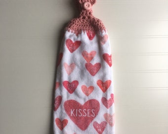 Valentine's Day Hanging Kitchen Towel, Valentine Decor, Valentine Gift, Crocheted Top Hanging Towel, Conversation Hearts, Pink and Red