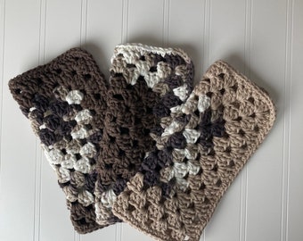 Set of 3 dishcloths, brown cotton yarn, granny square