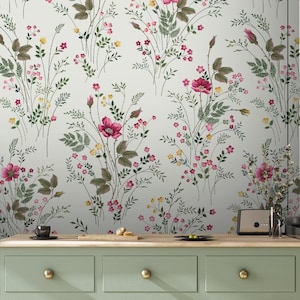 Papier peint fleurs des prés, papier peint lumineux, papier peint autocollant, décoration murale florale, décoration murale imprimé herbes, papier peint amovible #438