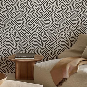 Abstract shapes wallpaper, black and white retro lines wall art, vintage japandi style wallpaper home decor, removable peel and stick #688 image 1