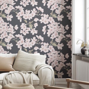 Watercolor Pink Flowers Wallpaper, Floral wall art gray background, botanical wallpaper, garden wallpaper, removable wallpaper #1386