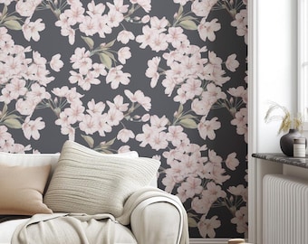 Watercolor Pink Flowers Wallpaper, Floral wall art gray background, botanical wallpaper, garden wallpaper, removable wallpaper #1386