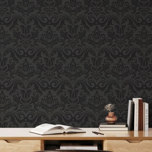 Luxury Damask Wallpaper, Black Wallpaper, Art Deco, Self Adhesive Wallpaper, Vintage Wallpaper, Peel and Stick Wallpaper, Room Decor #104