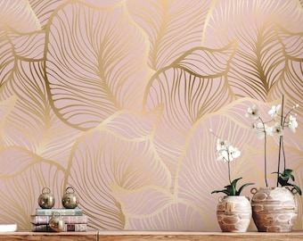 Removable Wallpaper, Golden Leaves Wallpaper, Vintage Room Decor, Peel and Stick, Floral Print, Home Decor, Rose Gold Leaves, Wall Art #597