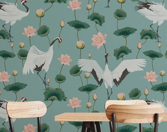 Crane Wallpaper, Bird Wall Art, Lotus Wallpaper, Oriental Pattern, Turquoise Wallpaper, Peel and Stick Wallpaper, Removable Wallpaper #537