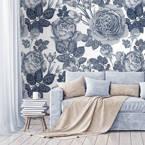 Gray Peony Wallpaper | Self Adhesive Wallpaper, Removable Wallpaper, Temporary Wallpaper, Peel and Stick Wallpaper #290