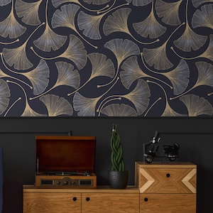 Dark Ginkgo Leaves, Gold Color Leaves, Vintage Wallpaper, Removable Wallpaper, Peel and Stick Wallpaper #825