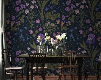 Twilight Garden Flowers Wallpaper, Self Adhesive Wallpaper, Removable Wallpaper, Temporary Wallpaper, Peel and Stick Wallpaper #1396