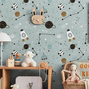 Carta da parati spaziale per la cameretta dei ragazzi, sicura per i bambini, carta da parati rimovibile, carta da parati divertente, decorazioni per la cameretta dei bambini, carta da parati staccabile e adesiva, decorazioni per la cameretta n. 1708