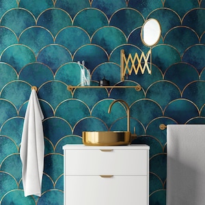 Turquoise Mermaid Wallpaper, Mermaid Wallpaper, Vintage Wall Art, Removable Wallpaper, Peel and Stick Wallpaper, Retro Home Decor #255