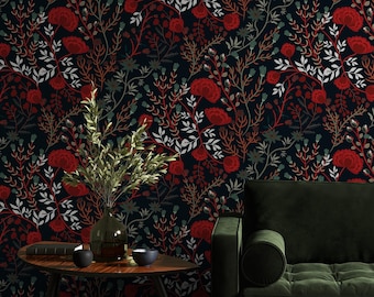 Red Garden Flowers Wallpaper, Floral Wallpaper, Peel and Stick Wallpaper, Removable Wallpaper, Dark Botanical Wallpaper, Red Flower #1404